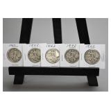 5 Walking Liberty Half Dollars
