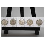 5 Walking Liberty Half Dollars