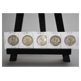 5 Walking Liberty Half Dollars