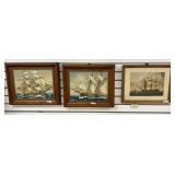 3 Ship Prints in Wood Frames