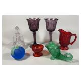 Colored Glass Goblets, Pitcher, Oil Bottle