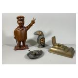 Brass Inkwell, Ashtray, 2 Wooden Figurines