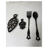 Cast Iron Fork & Spoon & 2 Pot Trivets