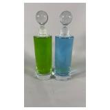 2 Glass Decanters Filled W/Colored Water