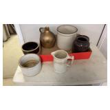 Box of Stoneware Crocks and Jug