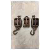 3 Vintage Wooden Pulleys