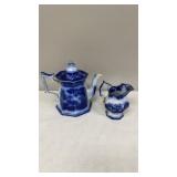 Flow Blue Tea Pot, Creamer- Both Handles  Repaired