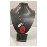 Red Coral German Silver Pendant Necklace