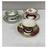 3- China Tea Cups and Saucers- 1 Chipped Plate