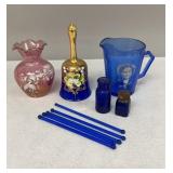 Cobalt Shirley Temple Pitcher, Cobalt Bell, Etc