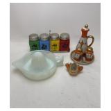 Juicer, Vinegar Set, Dutch Milk Glass Shakers