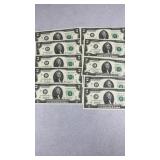 10-$2 Bills, Consecutive Serial Numbers, No Crease