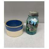 Butter Stoneware Crock, Painted Canning Jar