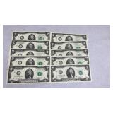 10-$2 Bills, Consecutive Serial Numbers, No Crease
