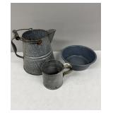 Grey Granite Coffee Pot, Measure Cup, Bowl
