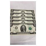 5, 2 Dollar Bills in Sequential Order