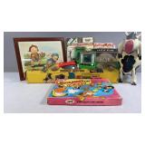 Old Toys, Cow Watering Can & Framed Picture