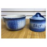Blue and White Stoneware Hanging Salt Box and
