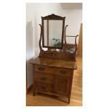 Oak Commode With  Beveled  Mirror & Towel Bar