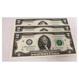 3, 2 Dollar Bills in Sequential Order