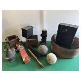 Early Wooden Boxes, Skis, Claw Foot Leg, Etc.