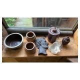 Shelf With Butter Crocks, Cast Iron Lincoln, Etc