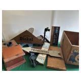 Crate Full Of Signs, Wood Telephone, Etc.
