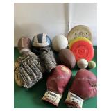 Lot- Baseball Gloves, Footballs, Frisbee
