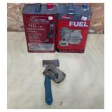 2 Empty Coleman Fuel Cans, Hatchet