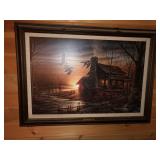 Framed Pring of Log Cabin At Dusk With