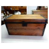 Old Wooden Trunk With Metal Bands - No Tray