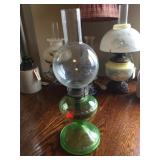 Green Depression Oil Lamp w/ Bubble Chimney