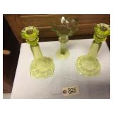 2 Vaseline Glass Candle Holders, Vaseline Vase
