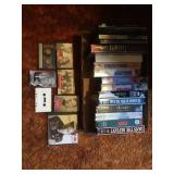 Box of VHS Movies, CD, & Cassette Tapes