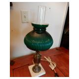 Table Lamp With Green Glass Shade, Chimney