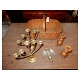 Basket With Wooden Handle, Pair Of Brass