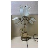 Vintage Brass Swan Table Lamp with Frosted Glass Petals