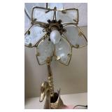Vintage Brass Swan Table Lamp with Frosted Glass Petals