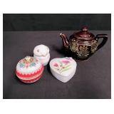Vintage Asian Tea Set with Brown Teapot and Porcelain Trinket Boxes