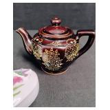 Vintage Asian Tea Set with Brown Teapot and Porcelain Trinket Boxes