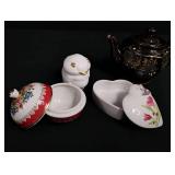 Vintage Asian Tea Set with Brown Teapot and Porcelain Trinket Boxes