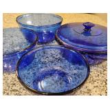 Cobalt Blue Glass Bowls Set and Covered Casserole Dish.