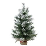 Northlight 1.8 FT Flocked Pine Full Artificial Christmas Tree in Burlap Base - Unlit - Retail: $89