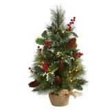 Nearly Natural 18in. Mixed Pine Artificial Christmas Tree with Holly Berries  Pinecones  35 Clear LED Lights and Burlap Base - Retail: $60