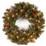 National Tree Company Pre-Lit Artificial Christmas Wreath  Green  CrestwoodÂ® Spruce   Clear Lights  Decorated with Pine Cones  Berry Clusters  24 Inches - Retail: $184