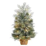 Nearly Natural 24\" Pre-Lit LED Flocked Artificial Christmas Tree with Burlap Base Clear Lights - Retail: $84