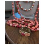 Vintage Coral and Gold Beaded Necklace with Enamel Clasp