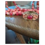Vintage Coral and Gold Beaded Necklace with Enamel Clasp