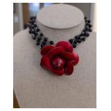Vintage Style Red Rose and Black Crystal Necklace