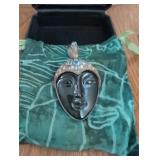 Vintage Art Deco Black Glass Face Pendant with Rhinestone Crown